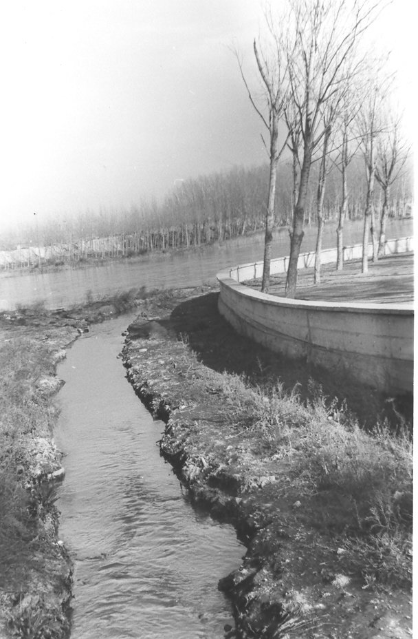 Muralla de defensas del Río Ebro bordeando el cauce del Río Queiles (1975)